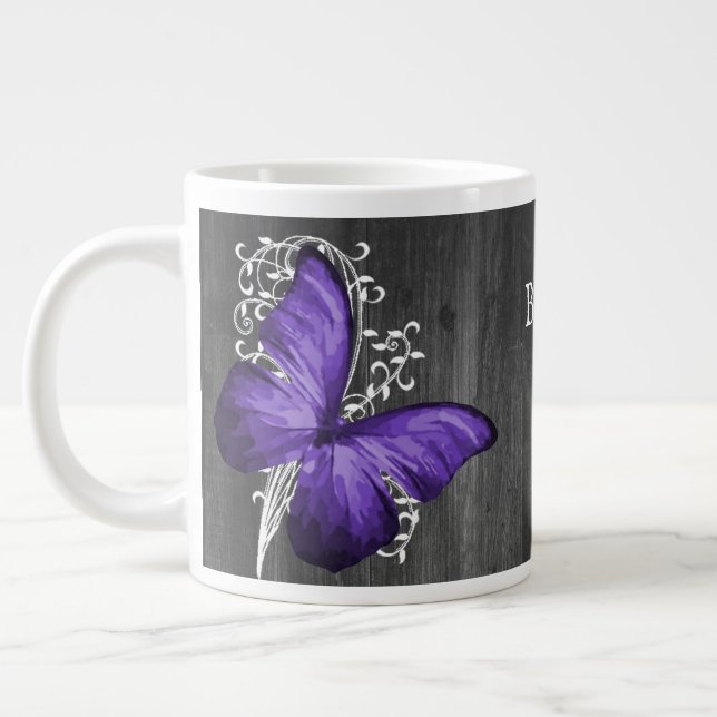 Caneca De Café Grande Borboleta Rústica Roxa Personalizada (Esquerda)