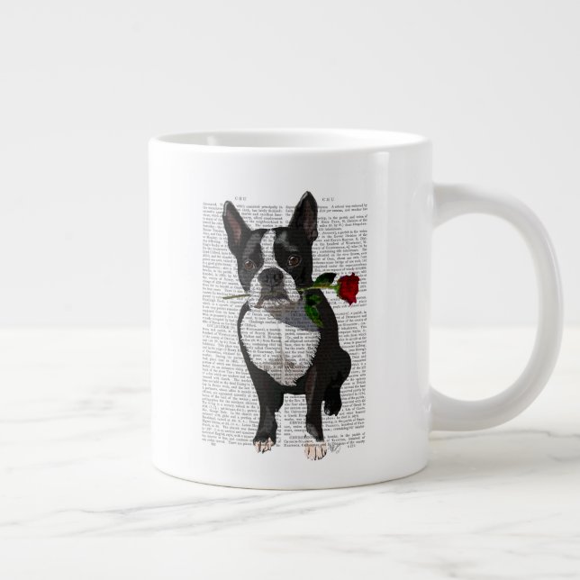 Caneca De Café Grande Boston Terrier com Rosa em Boca (Direita)