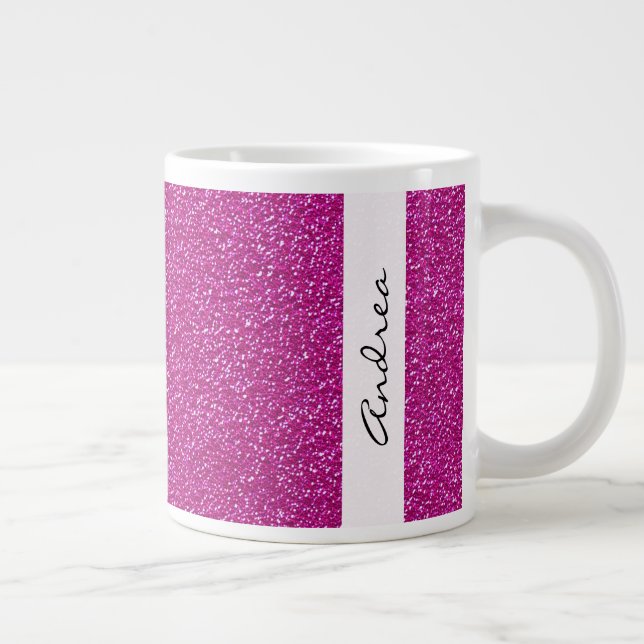 Caneca De Café Grande Brilhante Rosa, Fundo Glitter, Seu Nome (Direita)