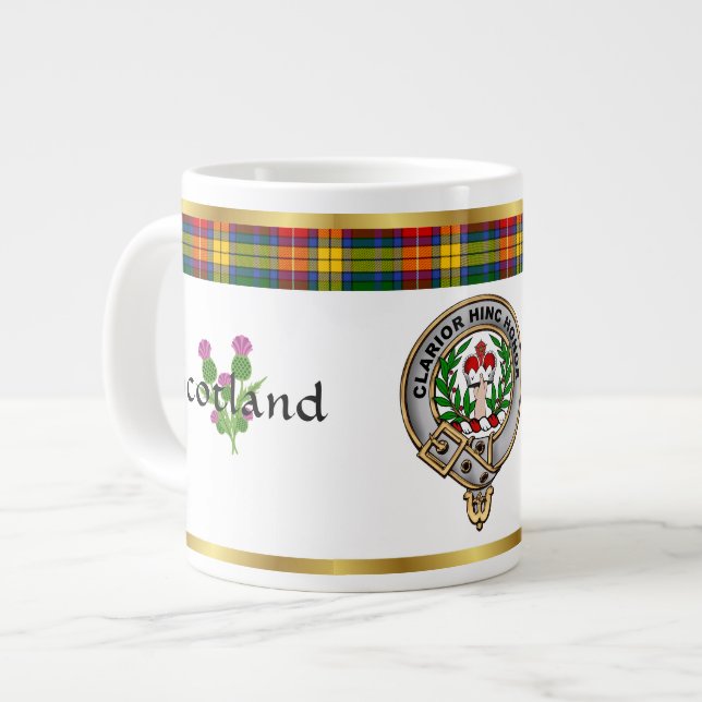 Caneca De Café Grande Buchanan Clan Crachá Tartan & Motto (Frente Esquerda)