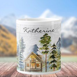 Caneca De Café Grande Cabana de Montanha Floresta Rústica Aquarela Monog