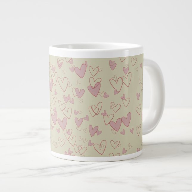 Caneca De Café Grande Caneca Grande Bege Muitos Corações. (Frente Esquerda)