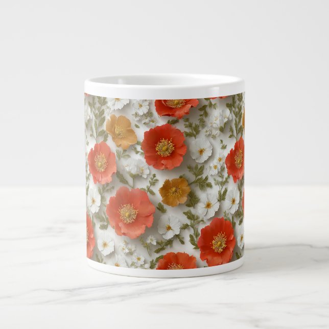 Caneca De Café Grande Caneta Floral Vibrante Vermelha e Branca (Frente)