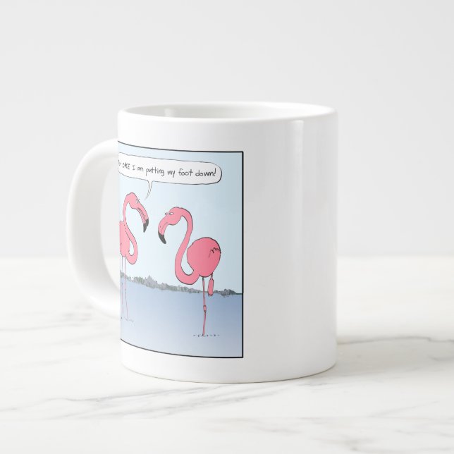 Caneca De Café Grande Cartoon Flamingos Rosa Engraçado | Novidade Humoro (Frente Esquerda)