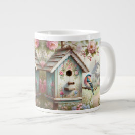 Caneca De Café Grande Casa de Pássaros da Primavera com Flores Pastel e 