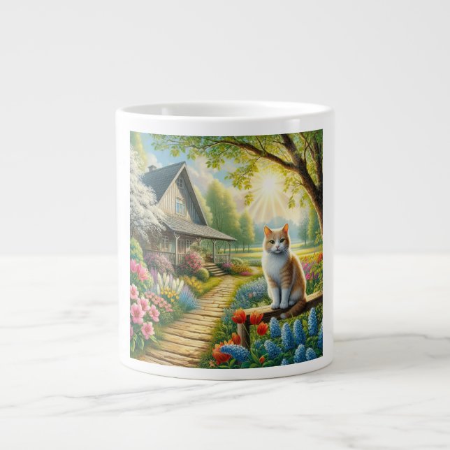 Caneca De Café Grande Casca de primavera/jardim e gato (Frente)