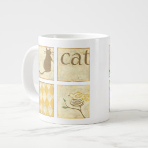 Caneca De Café Grande Castanho Gato e Pássaro Amarelo por Chariklia Zarr