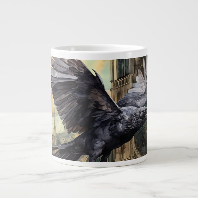 Caneca De Café Grande Catedral Gótica Medieval e Raven Voadora (Frente)