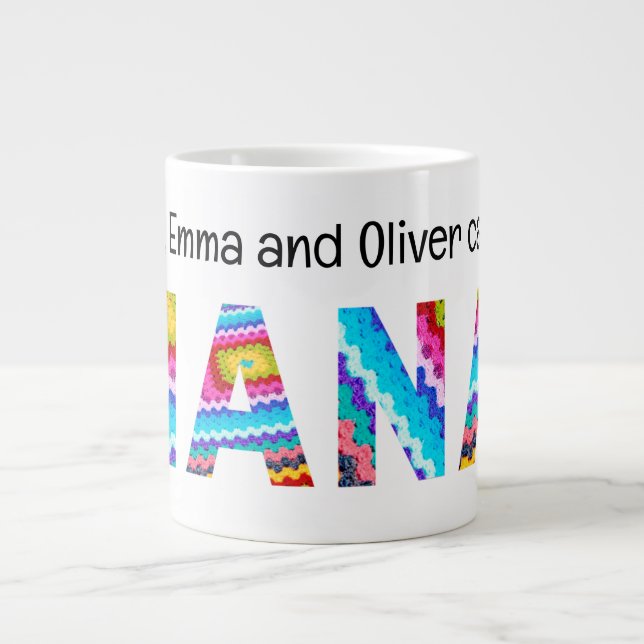 Caneca De Café Grande Chame-Me Nana Crochet Letters Child Name (Frente)