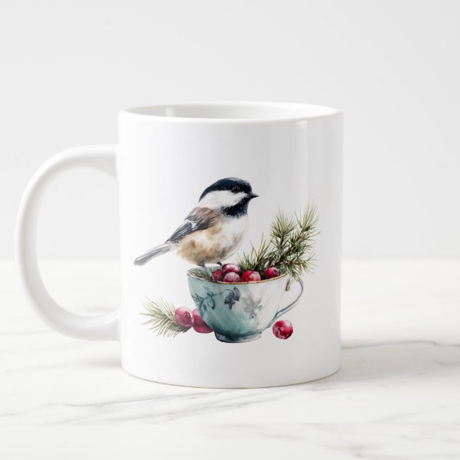 Caneca De Café Grande Chickadee on Teacup With Cranberries (Esquerda)