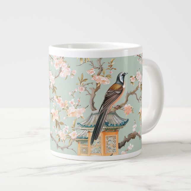 Caneca De Café Grande Chinoiserie Bird & Blossom Mug Em Sage & Peach (Frente Esquerda)