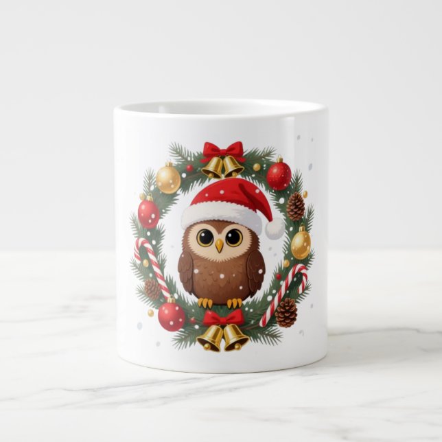 Caneca De Café Grande Chouette de Noël dans une couronne festive (Frente)