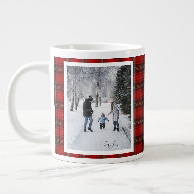 Caneca De Café Grande Christmas Gift 2 Photo Trendy Red Plaid Rustic  (Esquerda)
