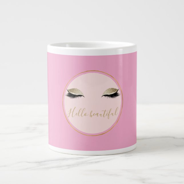 Caneca De Café Grande Cílios Pretos Glitzy Dourado Rosa Chic (Frente)