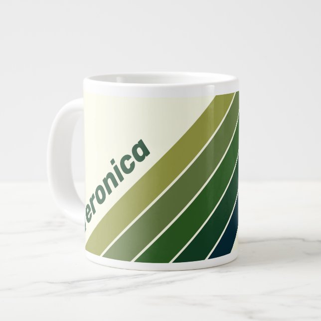 Caneca De Café Grande Cinco Listras Retro Verde com Nome (Frente Esquerda)
