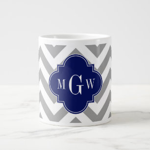 Caneca De Café Grande Cinza Dk Lg Chevron Marinho Quatrefoil 3 Monograma