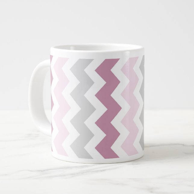 Caneca De Café Grande Cinza Rosa Chevrons Jumbo Coffee Mug (Frente Esquerda)