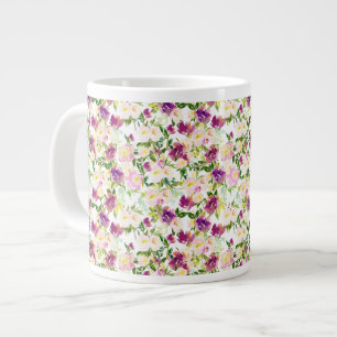 Caneca De Café Grande Cinza Rosa Pêssego Púrpura Borgona Aquarela Floral