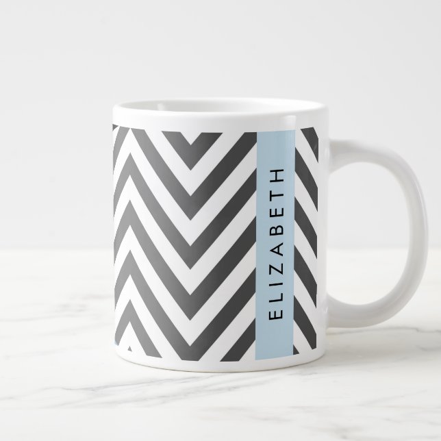 Caneca De Café Grande Cinza Zigzag, Cinza Chevron, Azul, Seu Nome (Direita)