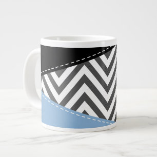 Caneca De Café Grande Cinza Zigzag, Cinza Chevron, Zigzag Patterno, Azul