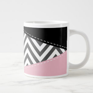 Caneca De Café Grande Cinza Zigzag, Cinza Chevron, Zigzag Patterno, Rosa
