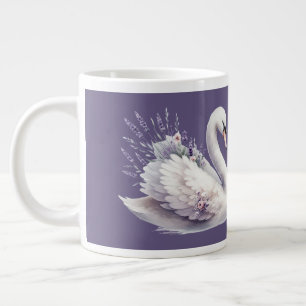 Caneca De Café Grande Cisne em Aquarela com Florais Lavanda