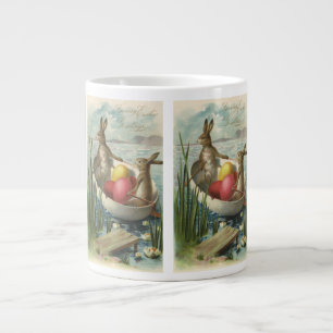Caneca De Café Grande Coelhos de Páscoa Vintage em um Barco com Ovos de
