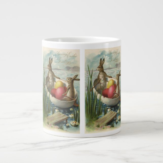 Caneca De Café Grande Coelhos de Páscoa Vintage em um Barco com Ovos de  (Frente)