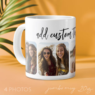 Caneca De Café Grande Colagem de 4 fotos com script moderno - branco