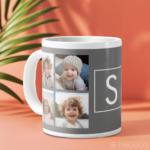 Caneca De Café Grande Colagem de Fotos 8 Monograma Personalizado Branco