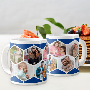 Caneca De Café Grande Colagem de Fotos Geométrica 9 Imagens Azul