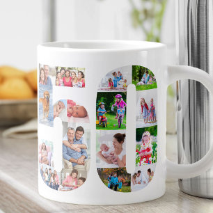 Caneca De Café Grande Colagem de Fotos Número 50 - Aniversário de 50 ano