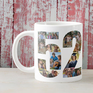 Caneca De Café Grande Colagem de Fotos Número 52 - Aniversário de 52 ano