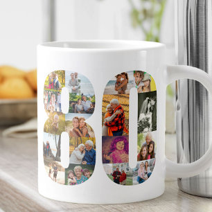 Caneca De Café Grande Colagem de Fotos Número 80 - Aniversário do 80