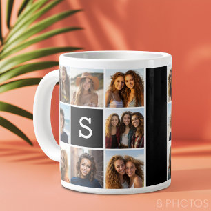 Caneca De Café Grande Colagem de Fotos Preto e Branco com Monograma Pers