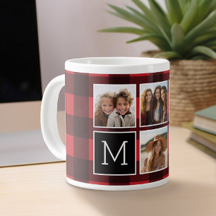 Caneca De Café Grande Colagem de Fotos - Xadrez de Búfalo Vermelho de M