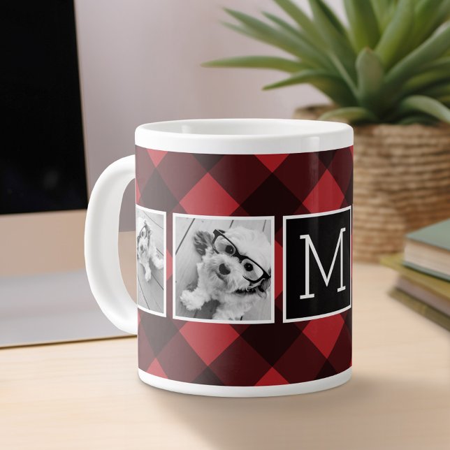 Caneca De Café Grande Colagem de Fotos - Xadrez de Búfalos Vermelho Mono (Personalized mug)