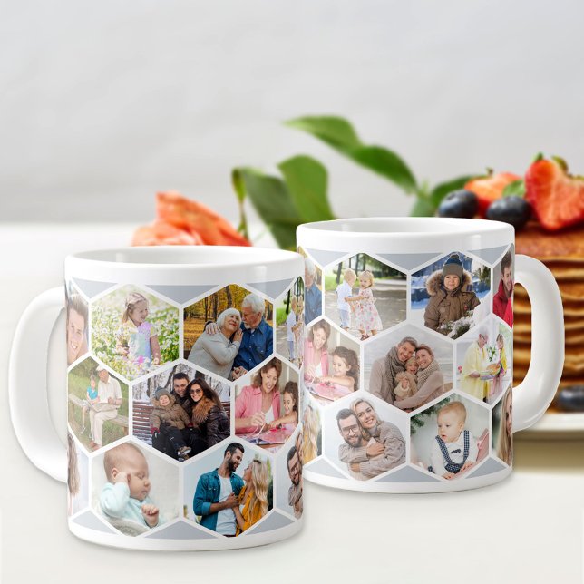 Caneca De Café Grande Colagem Geométrica de Fotos 17 Cinzas Silver de Im (Jumbo photo mug with 17 of your favorite pics and silver grey hexagon honeycomb pattern)