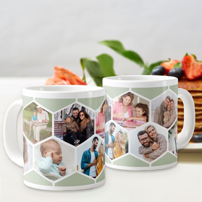 Caneca De Café Grande Colagem Geométrica de Fotos 9 Imagens Verde (Jumbo photo mug with 9 of your favorite pics and sage green hexagon honeycomb pattern)