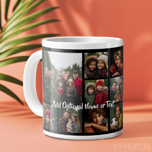 Caneca De Café Grande Colagem Quadrada de 9 Fotos Preto - com texto bran