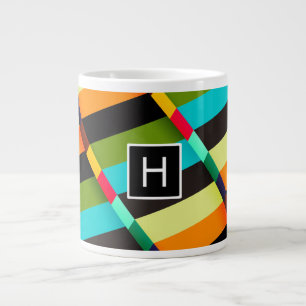 Caneca De Café Grande Colorido Moderno Abstrato Listras e Monograma