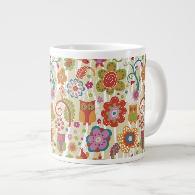 Caneca De Café Grande Cor Floral e Coruja (Frente Esquerda)