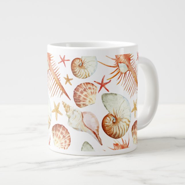 Caneca De Café Grande Coral Com Conchas E Caranguejos (Frente Esquerda)