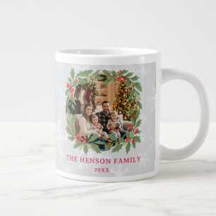 Caneca De Café Grande Coroa de Azevinho Elegante Feliz Natal Foto da Fam