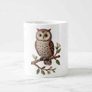 Caneca De Café Grande Coruja Bordada em Galho de Madeira Rústico Design