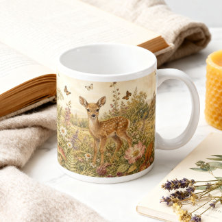 Caneca De Café Grande Cottagecore Botânico Florestal Vintage Veado 