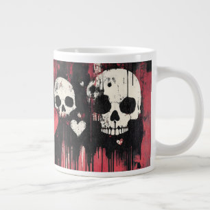 Caneca De Café Grande Crânio e corações- Arte Negra e Vermelha Negra