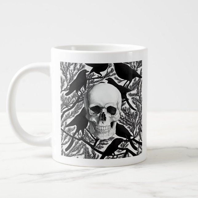 Caneca De Café Grande Crânio E Crows Halloween Jumbo Mug (Esquerda)