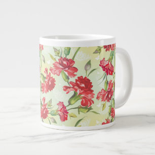 Caneca De Café Grande Cravos vermelhos em verde com borboletas