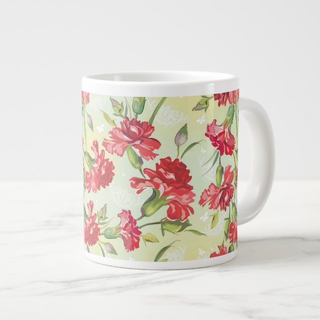 Caneca De Café Grande Cravos vermelhos em verde com borboletas (Frente Esquerda)